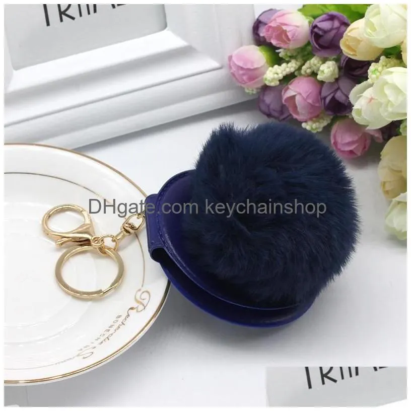 pu round mirror keyring fashion double-sided folding mirror keychain faux fur puff ball key holder pom pom keyring