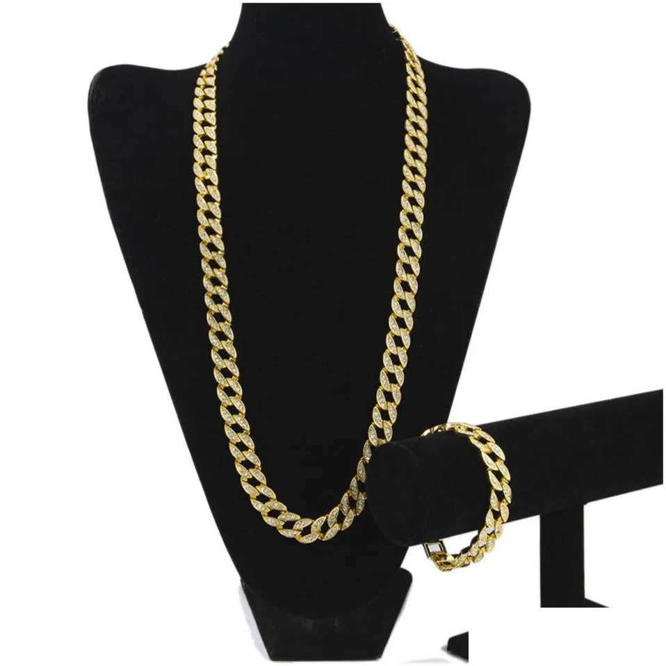 men hip hop cuban necklace jewelry gold plated iced out bling rhinestone crystal  cuban chain necklace bracelet set