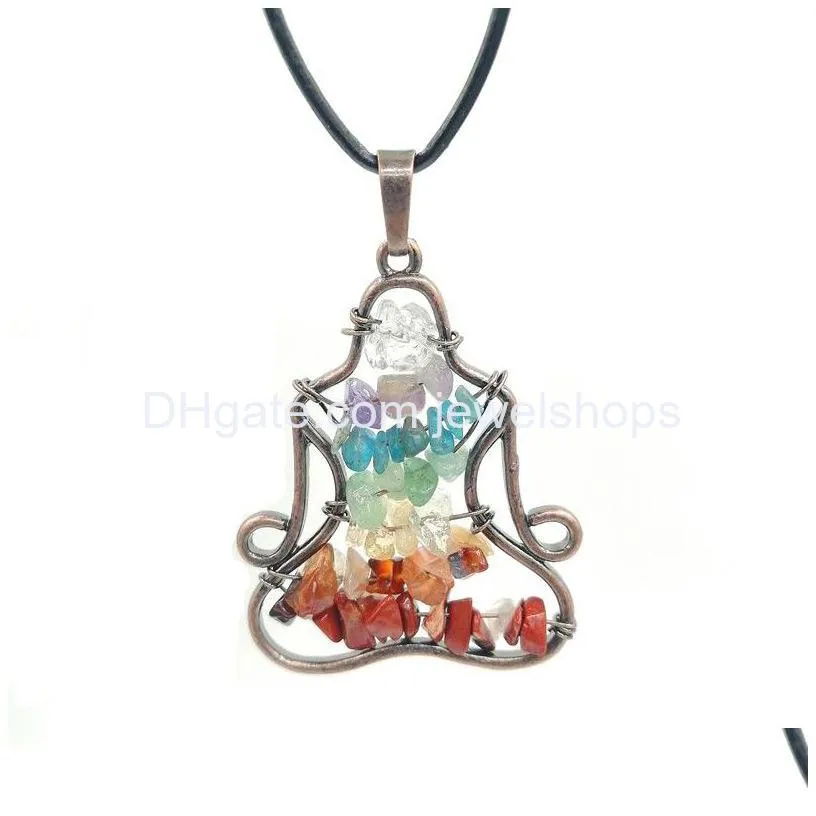 seven chakra chip stone yoga pendant vintage red copper plated meditation pendants with brass chain leather chain necklace for man woman