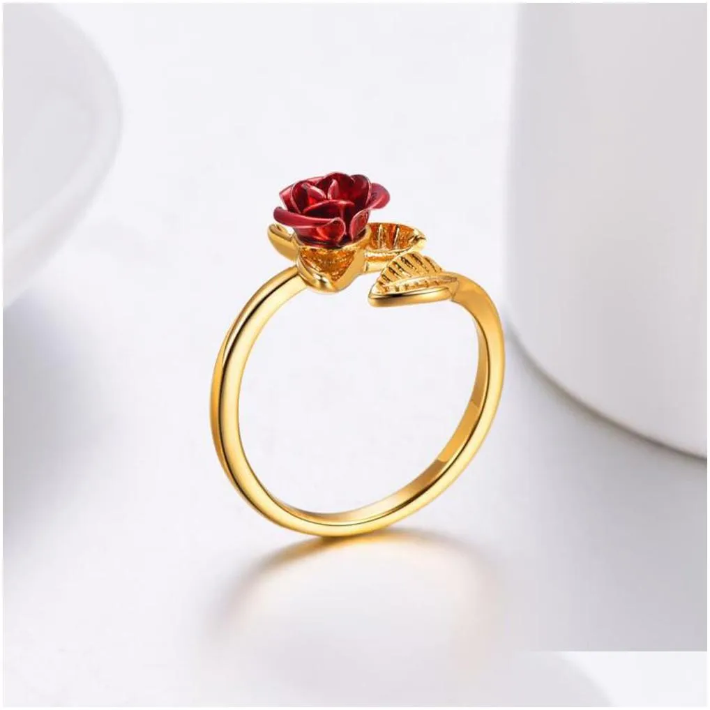 trendy red rose garden flower leaves open ring resizable finger rings for women valentine`s day gift jewelry