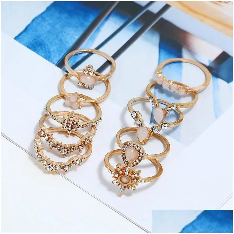 cluster rings simple fashion metal ten-piece / joint ring inlaid zircon unique set sun flower ladies jewelry decoration