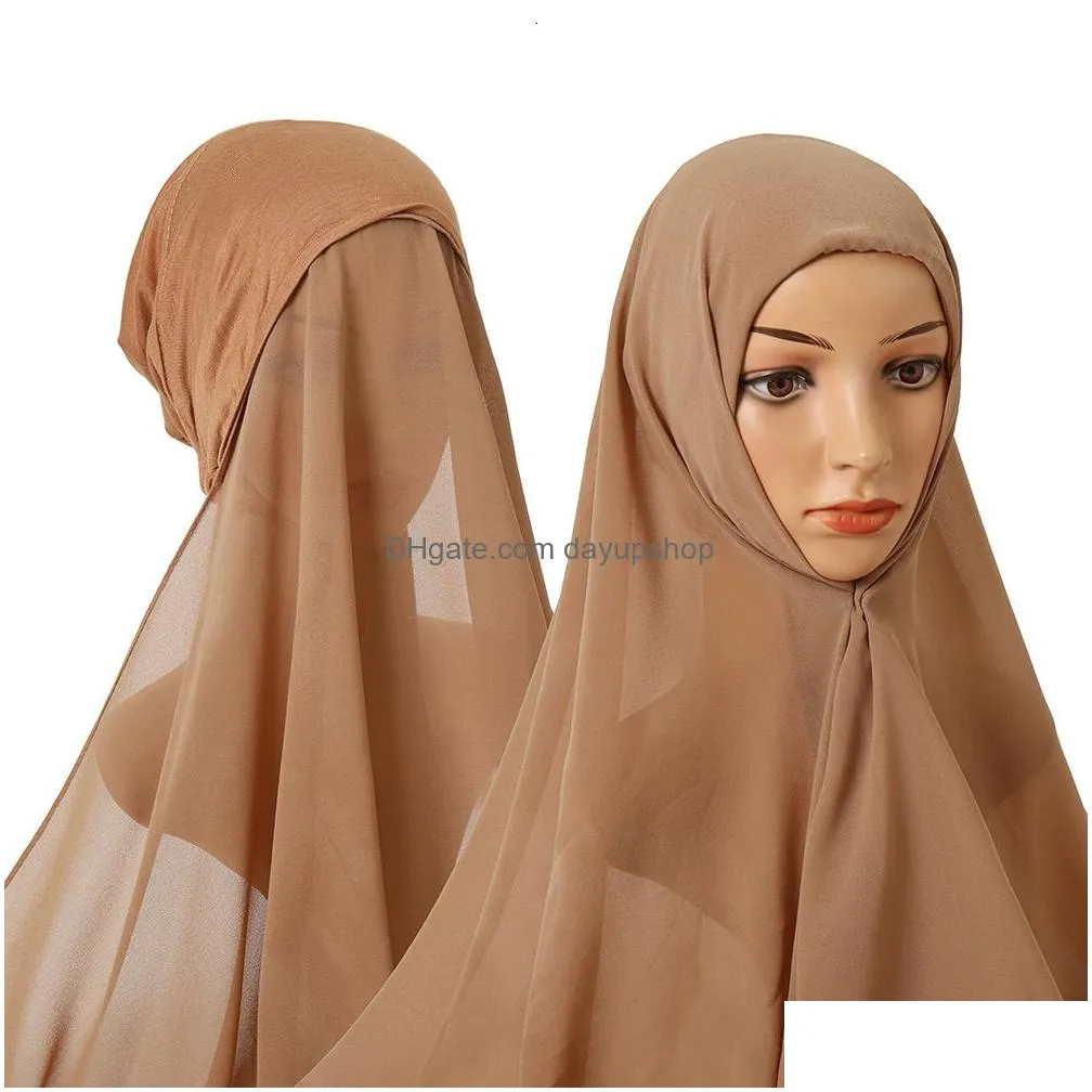 hijabs chiffon scarf hijab and inner cap all-in-one suit muslim women convenient headscarf and elastic bonnet with tie rope 180x70cm