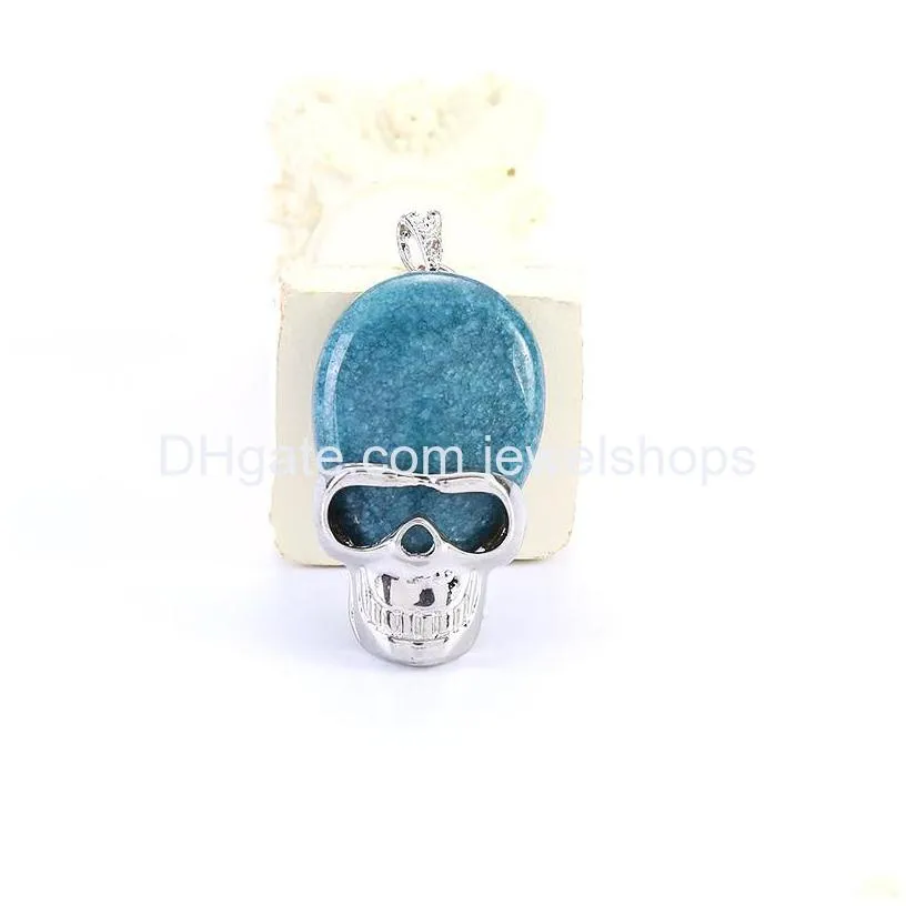 fashion skull gemstone pendant turquoise quartz amethyst skeleton with 18 inches brass chain necklace