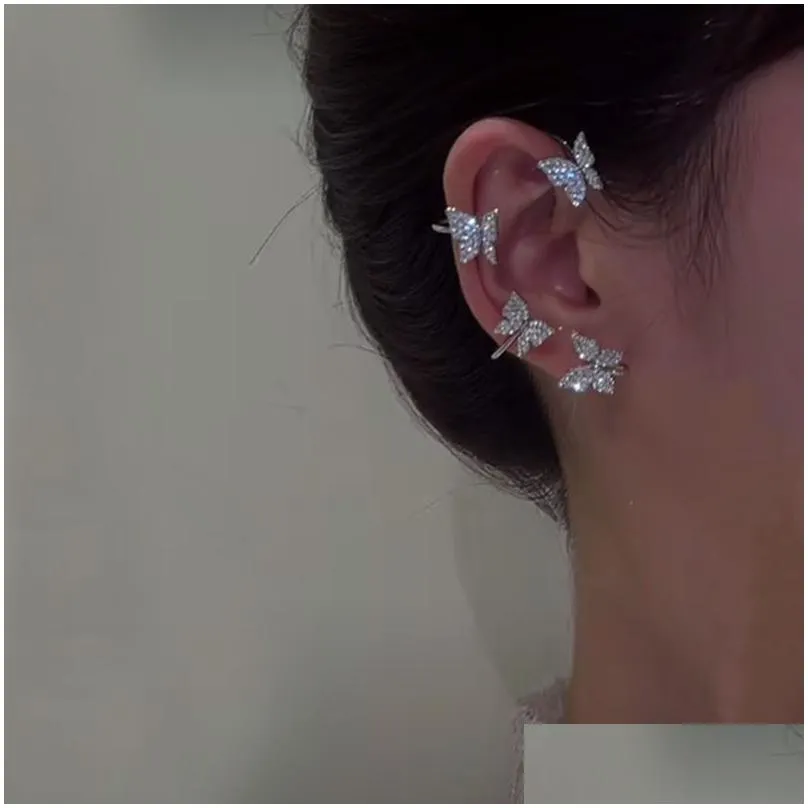 silver plated metal butterfly ear clips dangle earring without piercing for women sparkling zircon ear cuff clip earrings wedding
