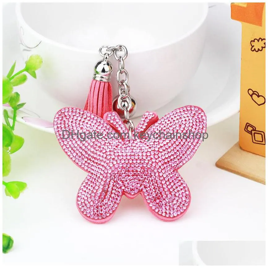 fashion butterfly pendant keychain for women girls rhinestone key ring holder pu leather car key chains accessories