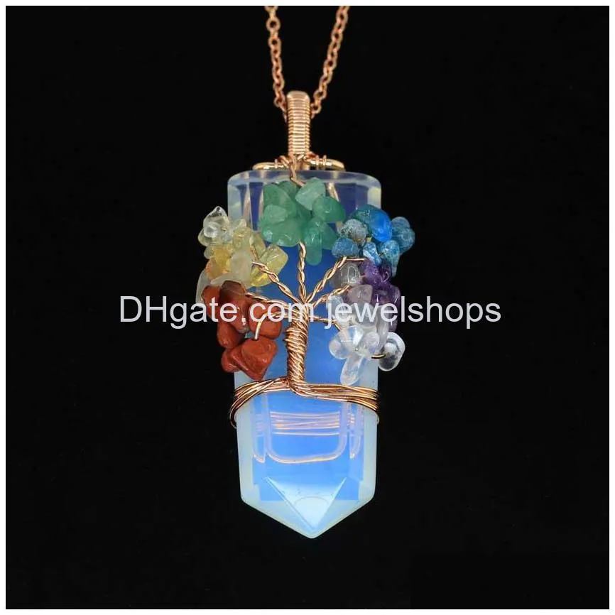 sword shape crystal chip stone life tree pendant seven chakra wire wrapped quartz hexagon prism amulet charm with brass chain