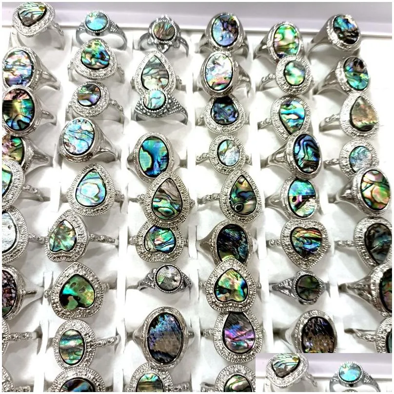 wholesale 30 abalone shell alloy metal vintage rings heart oval round shape wedding rings seaside party jewelry