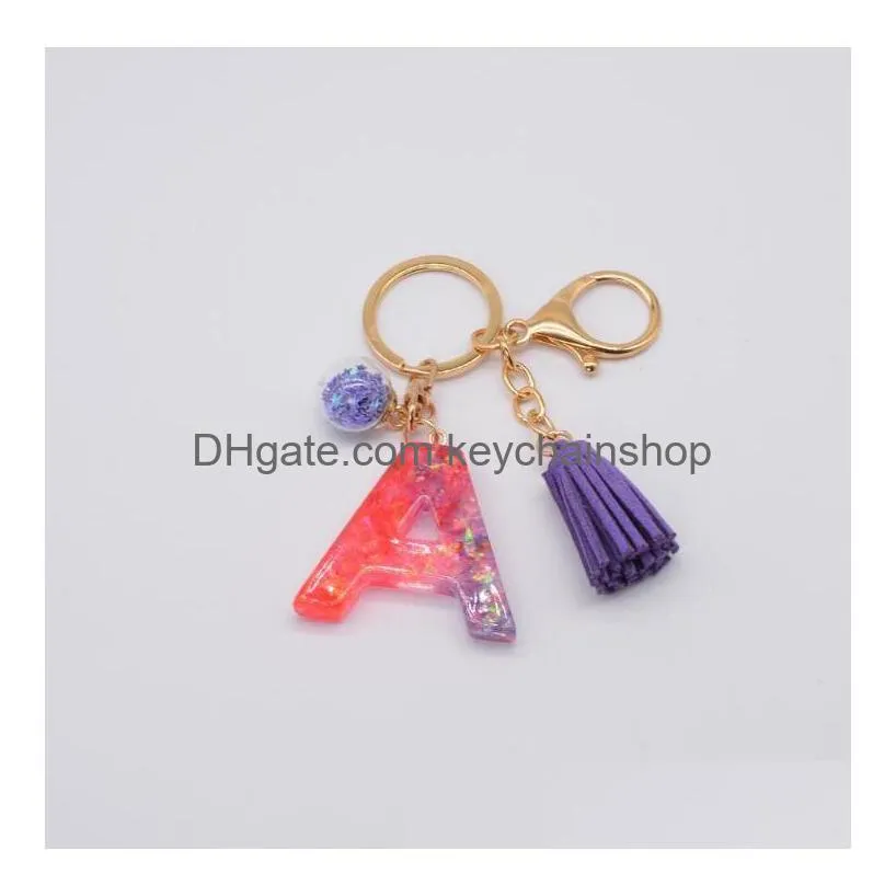 fashion resin flash pink 26 letter keychains clash color mosaic tassel pendant purple glue english word keychain