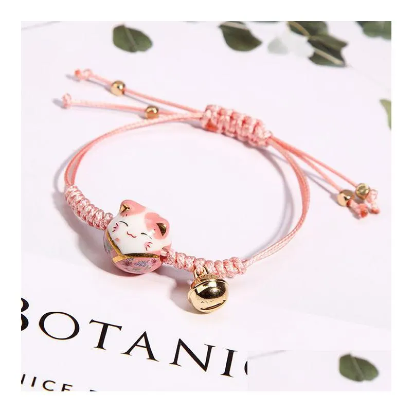 ceramic lucky cat bell bracelet female student girlfriends hand-woven red colors rope bangle