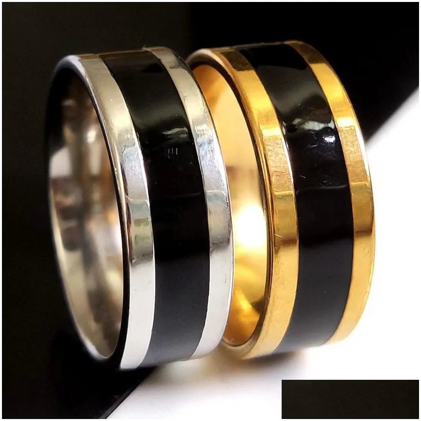 30pcs/lot gold silver stainless steel wedding bands rings 8mm comfort-fit top quality black enamel men women ring wholesale male