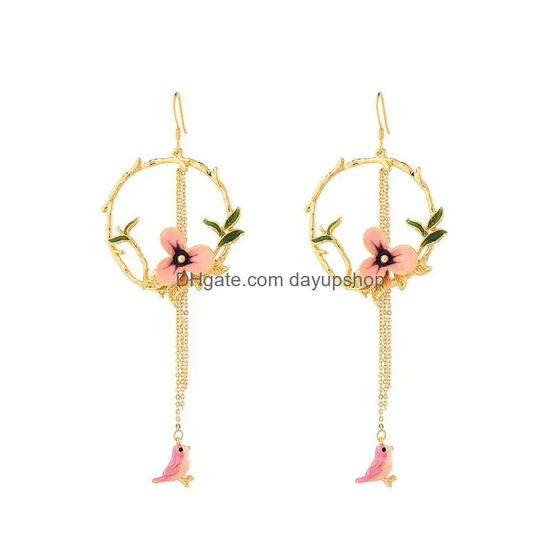 dangle earrings uer me0049 2023 gold color copper enamel bird stereo tree branch flowers pendant drop