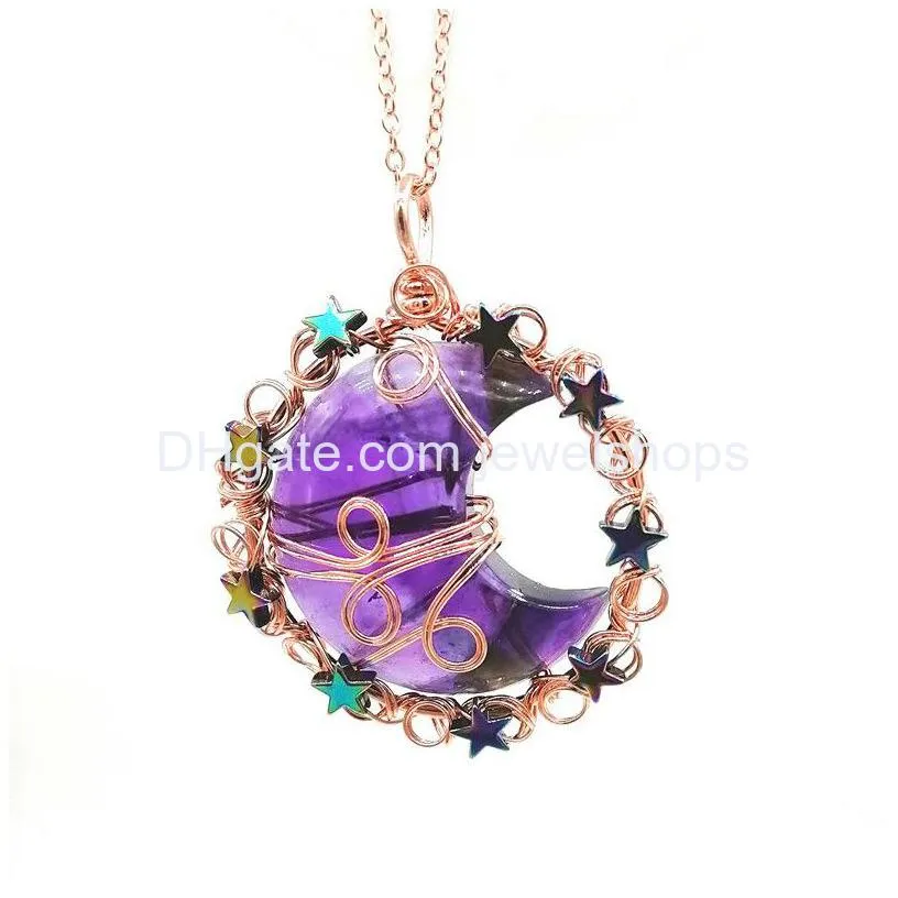 crescent moon star pendant wire wrapped rose gold plated with hematite pentagram pendants brass chain necklace