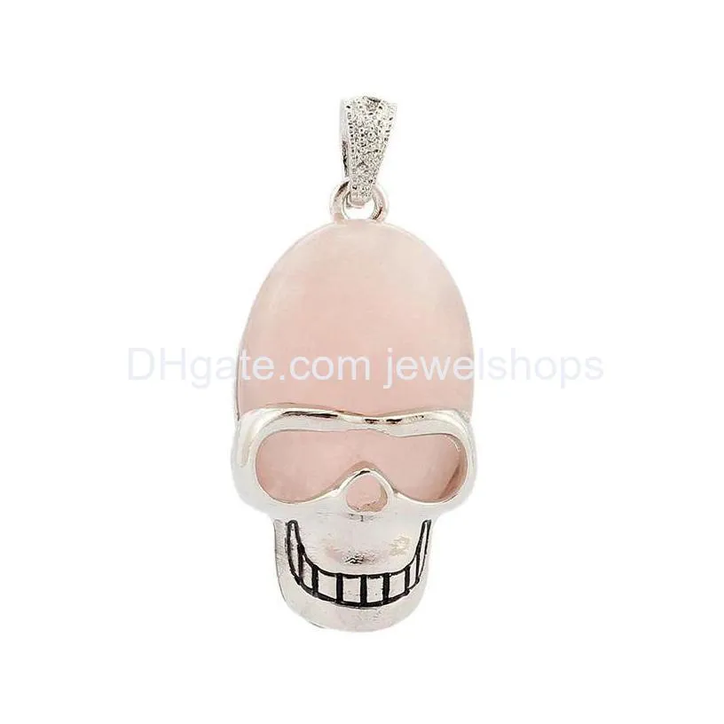 fashion skull gemstone pendant turquoise quartz amethyst skeleton with 18 inches brass chain necklace