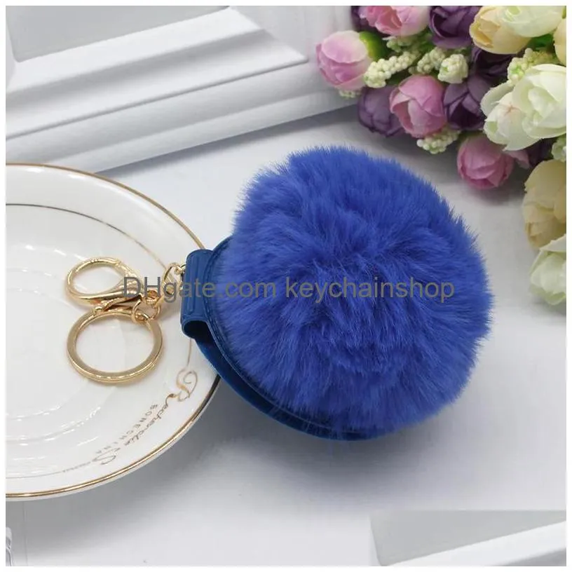 pu round mirror keyring fashion double-sided folding mirror keychain faux fur puff ball key holder pom pom keyring