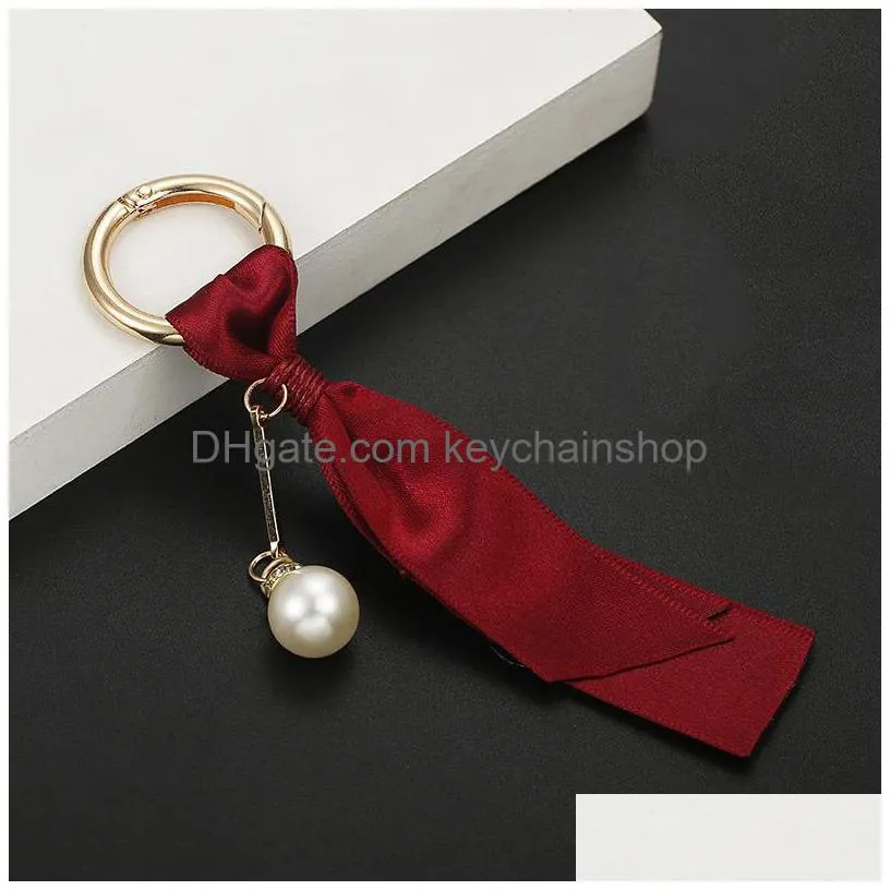 fabric ribbon pearl keychain charm pendant decorative elegent key chain gold metal ring bag pendant for women jewelry