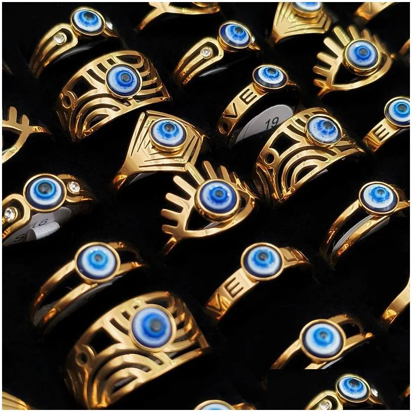30pcs luxury stainless steel demon eye ring high quality women male party metal punk blue eye rings evil eye