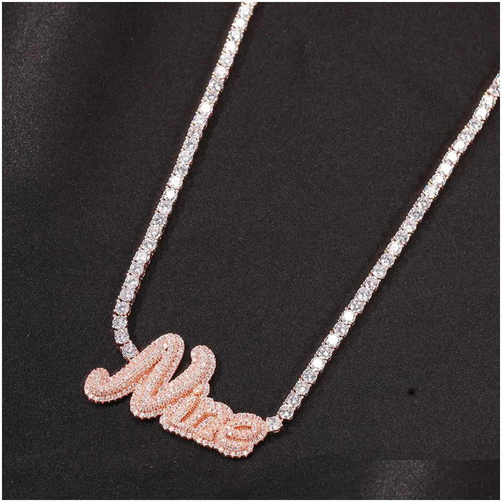 custom name cursive letters necklace with tennis chain for women micro pave pendant solid back hip hop rock jewelry