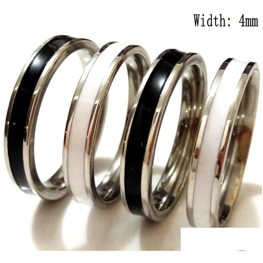 50pcs black white width 4mm enamel band 316l stainless steel fashion rings men women comfortable quality jewelry party friendship gift