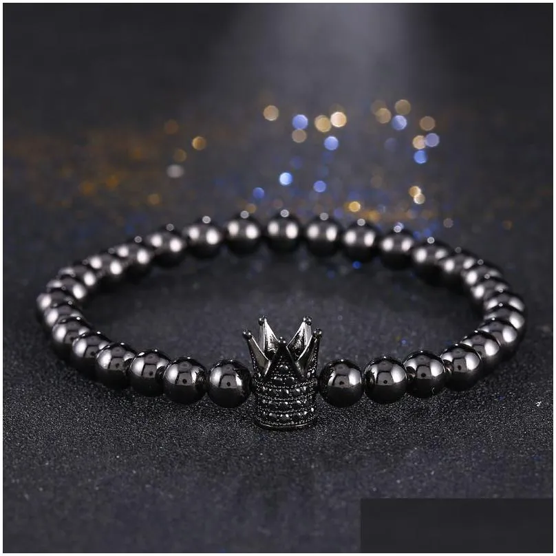 hot sale metal cz zirconia 4 clors king crown charm bracelet men dull polish bead bracelets for women