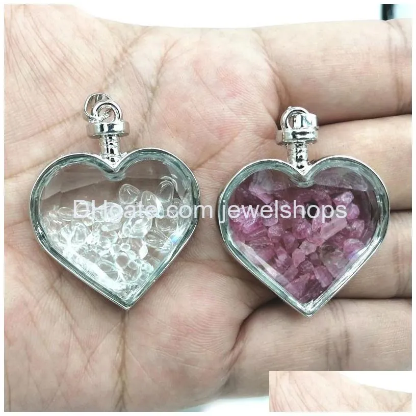 wish bottle heart stone pendant natural crystal mineral ornament gravel stone pendants with brass chain valentine`s gift for gilrs and