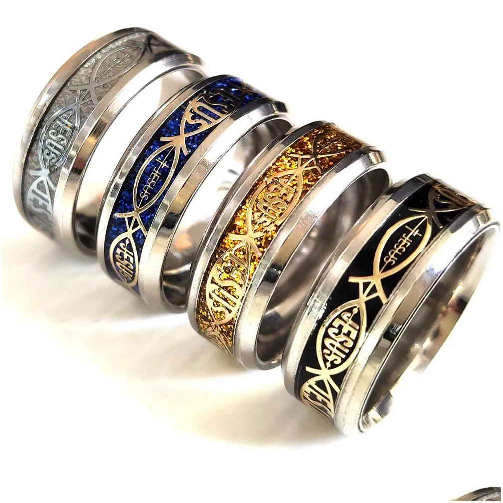 24pcs/lot high quality jesus letter 316l stainless steel ring top color mix religious christian fish finger rings men women wedding jewelry male bible