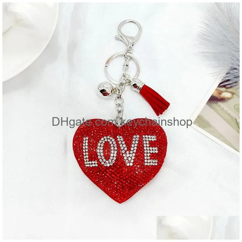 rhinestone korean flannel love shape key rings keychain pendant tassel bag accessories car keyring charm