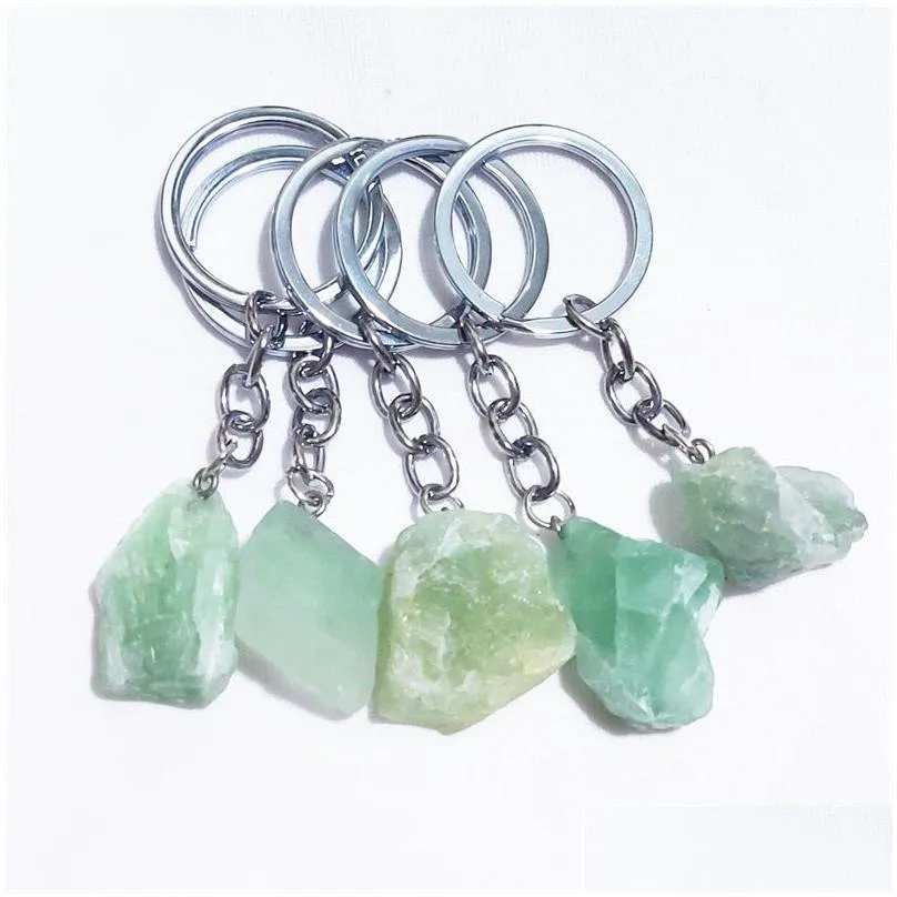 natural raw mineral stone pendant keychain green fluorite crystal key rings wholesale