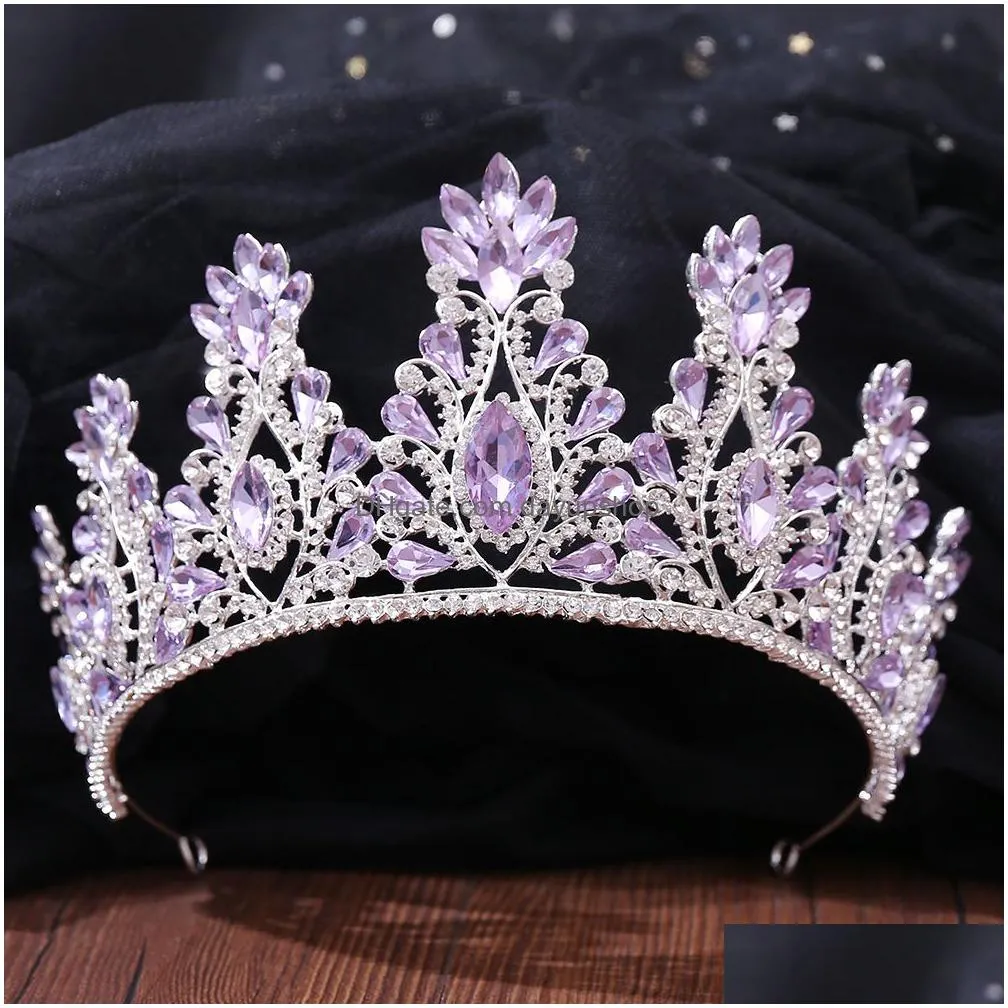 wedding hair jewelry silver color fashion purple lilac crystal tiara crowns queen kings princess accessories bridal diadems 221012