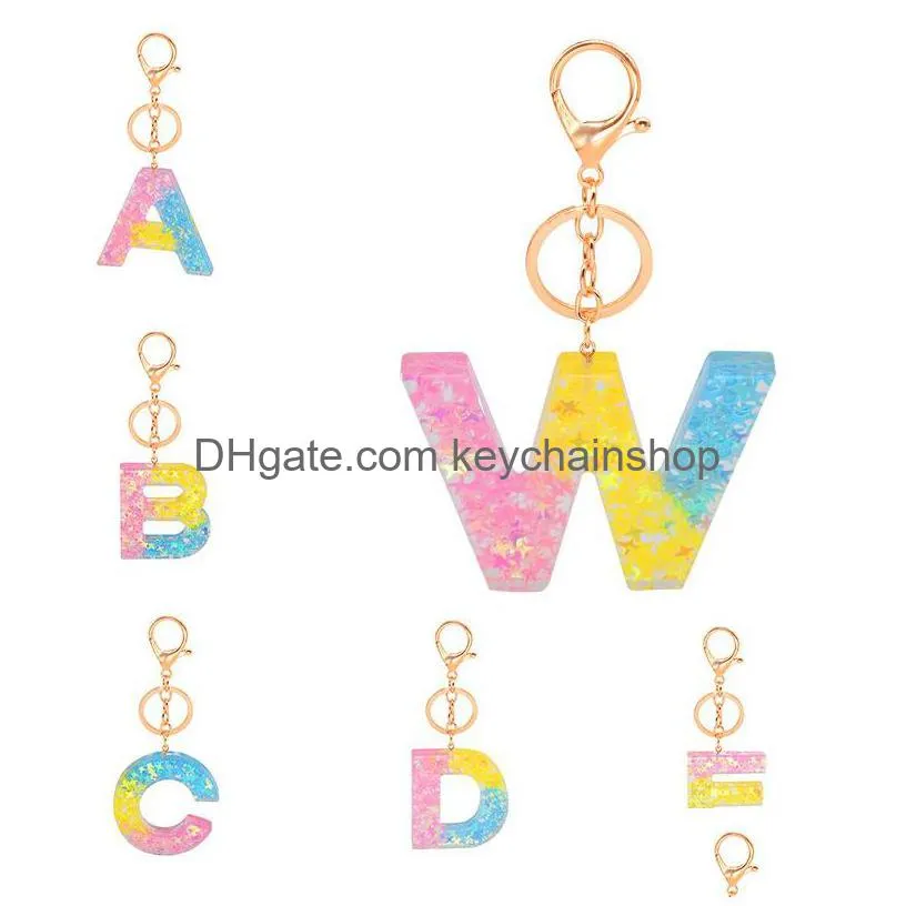 rainbow gradient star sequins keychains letter name a-z keyrings acrylic resin pendant key chain holder bag car charms jewelry