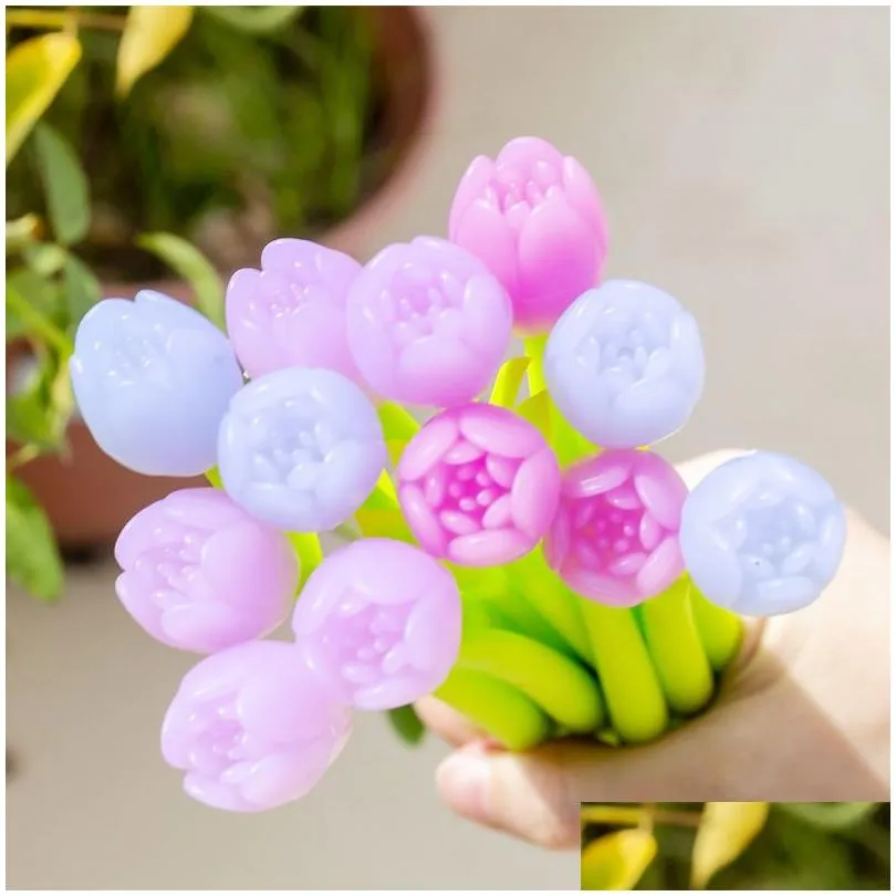 wholesale 20 pcs creative tulip silicone flower gel pen small  cute student examination sign pen stationary pens 210330