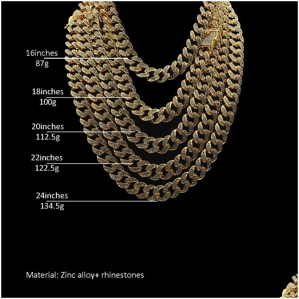 13mm  cuban link chain gold silver necklace bracelet set iced out crystal rhinestone bling hip hop for men