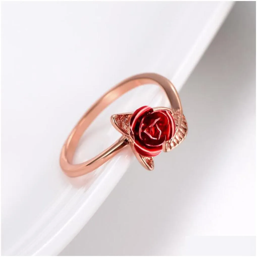 trendy red rose garden flower leaves open ring resizable finger rings for women valentine`s day gift jewelry