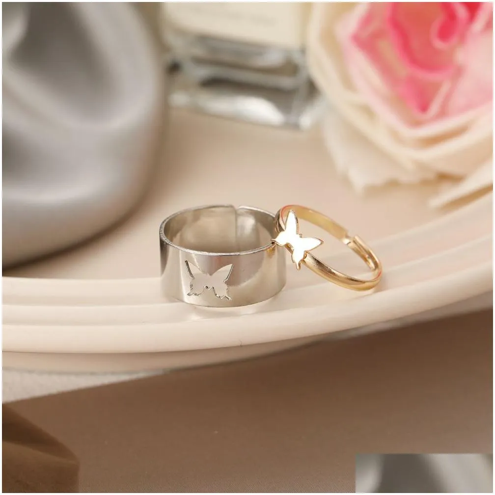 trendy gold butterfly open rings for women men lover couple ring set friendship engagement wedding jewelry 2021