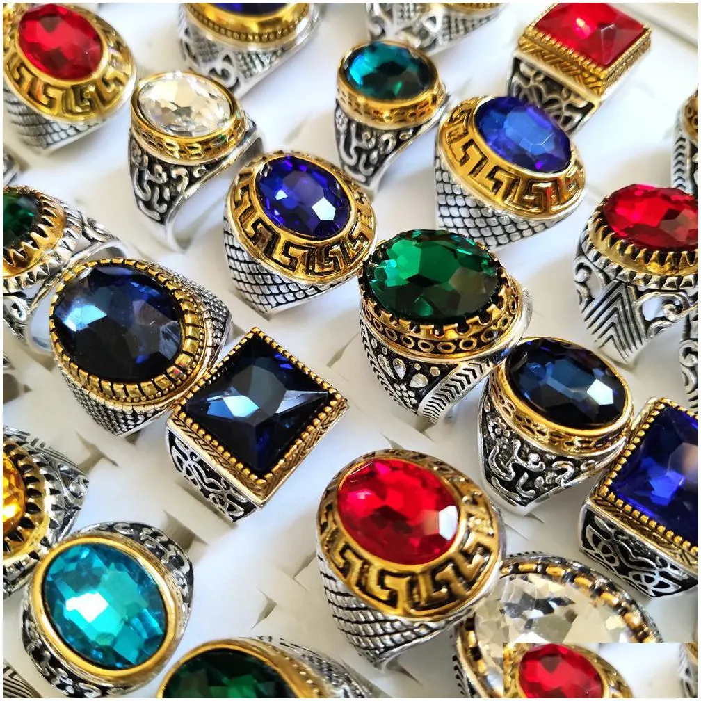 wholeseale lots 20pcs/lot luxury crystal stone silver gold charm ring men women vintage silver alloy zircon rings colorful wedding engagement