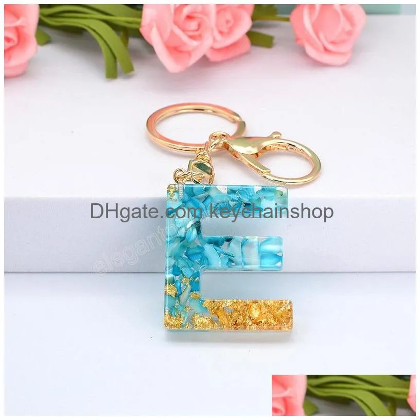 blue english letter keychain fashion a-z initials gold foil stone filling plastic key chain women handbag hanging pendant gifts