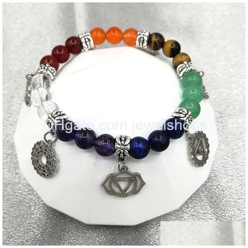 seven chakra symbol charm bracelet yoga healing stone amethyst quartz stretch bracelets gift for man and woman