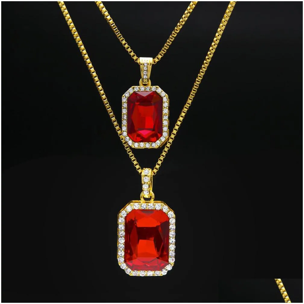 2pcs ruby necklace jewelry set silver gold plated iced out square red pendant hip hop box chain