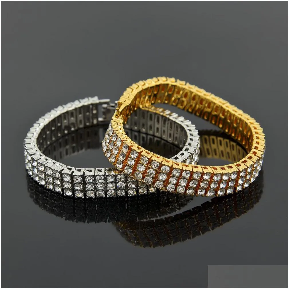 men black gold silver finish 3 row diamond simulate bracelet 8inch 12mm rhinestone iced out hip hop bling ewelry