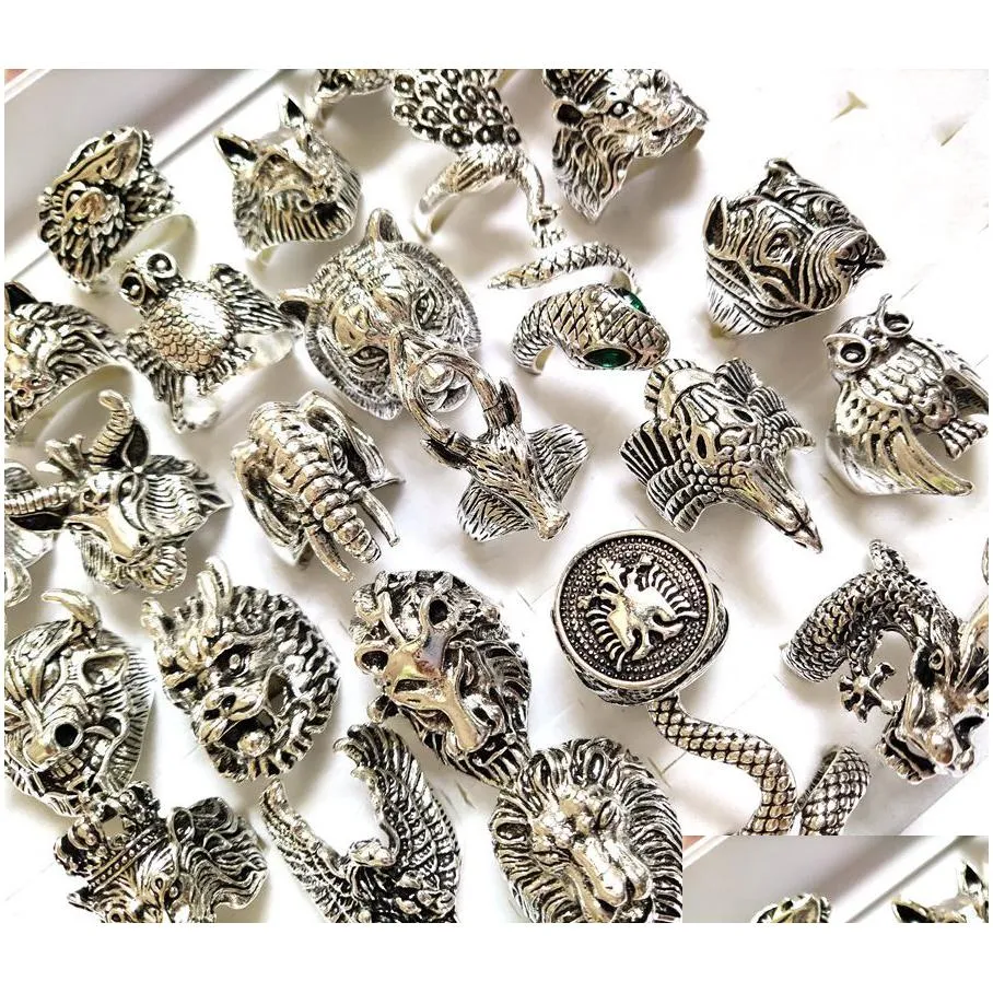 wholesale 20pcs big exaggerate ferocious animal metal ring mens punk rock party ring 20 different designs top mix wholesale jewelry