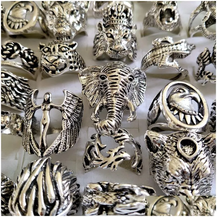 30pcs wholesale top mix exaggerated ferocious animals rocker biker man rings dragon snake elephant owl...etc big men ring party gift