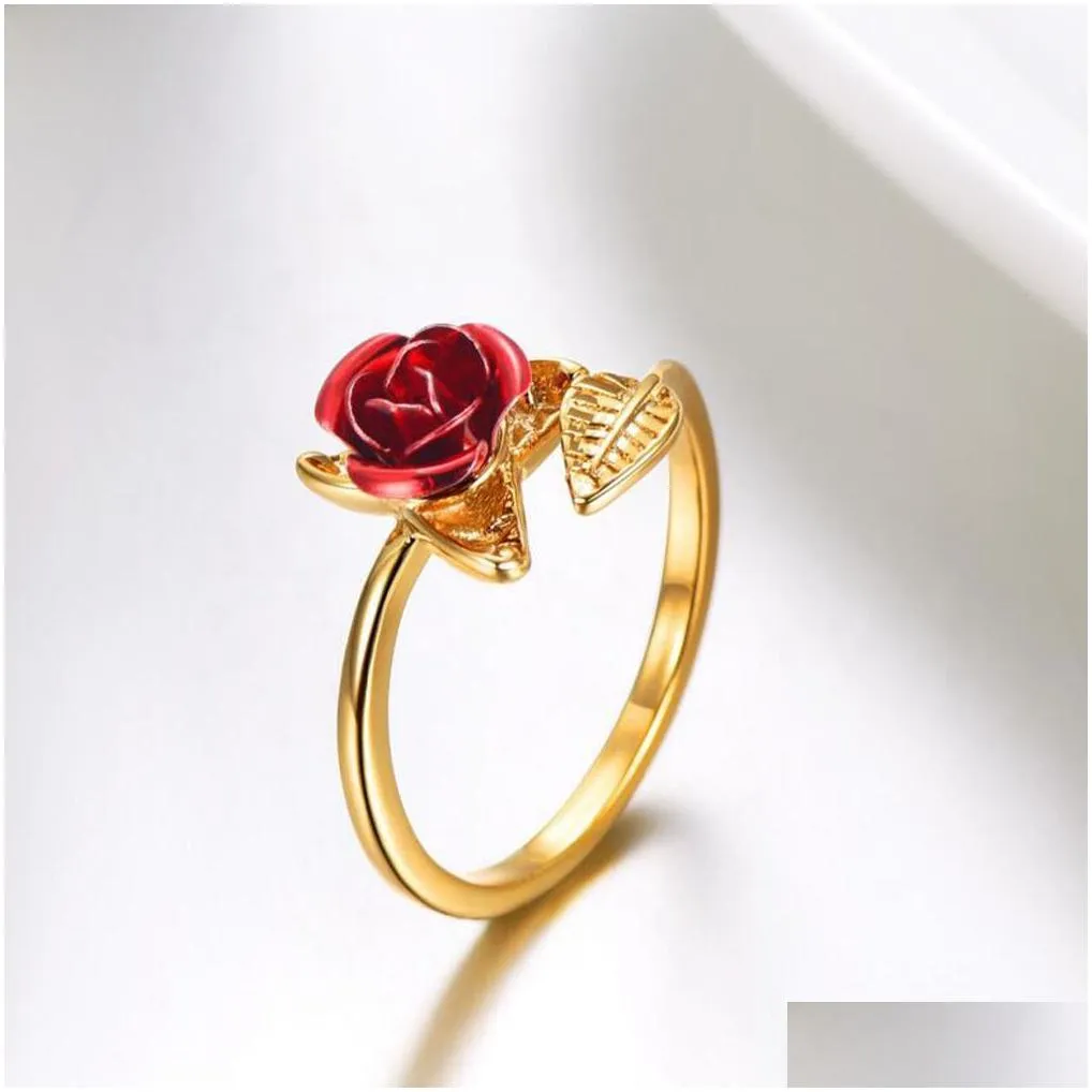 trendy red rose garden flower leaves open ring resizable finger rings for women valentine`s day gift jewelry