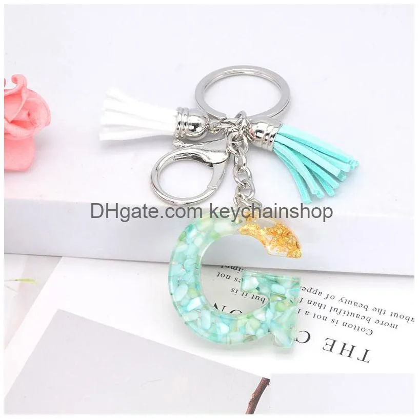 letter a-z keychains cute gold green resin tassel key rings chains alphabet pendant keyring holder car women charm bag gifts