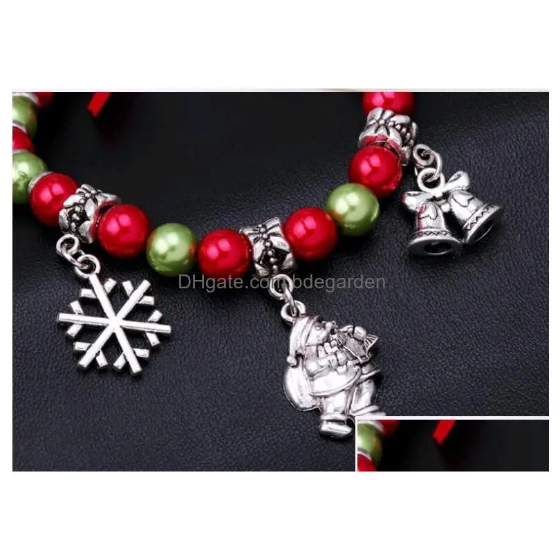 christmas gift fashion jewellery bracelets snowflake santa claus bell imitation pearl beads charm bracelet hand chain