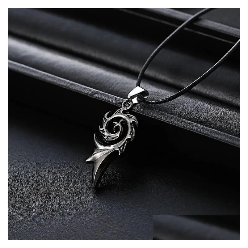 Pendant Necklaces Mens Punk Dragon Flame Pendant Necklace Titanium Stainless Steel Cool Leather Rope Chain Necklaces Jewelry Gift Jewe Dhtab