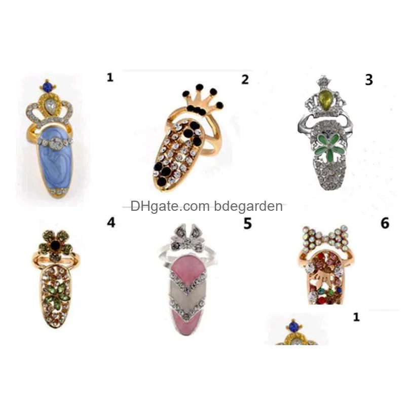 finger nail art rings with side stones colorful crystal rhinestone knuckle fingernail tail ring crown cover protect nails charms