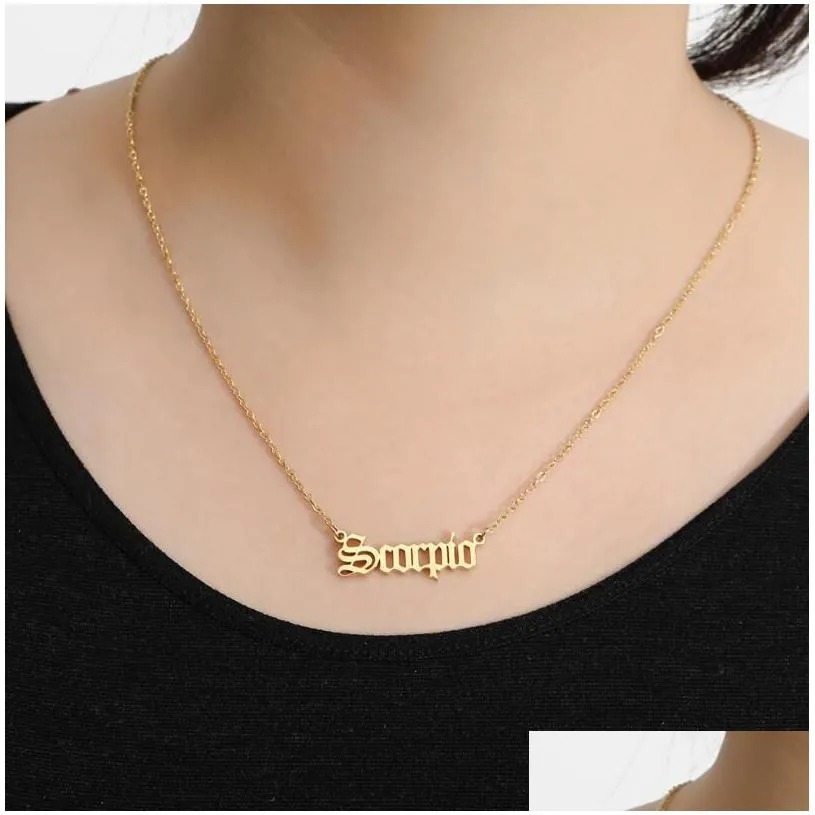 Pendant Necklaces Personalized Letter 12 Zodiac Necklace Constellation Custom Stainless Steel Old English Necklaces Birthday Jewelry G Dhcjn