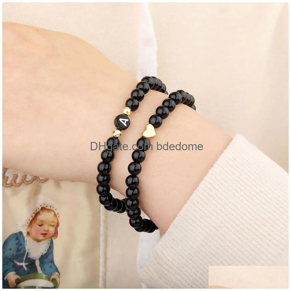 Beaded 6Mm Black Glass Beads Strands Bracelet For Women Men Handmade Elastic Acrylic Letter Flat Bead Charm Pendant Bracelets Mothers Dhgh9