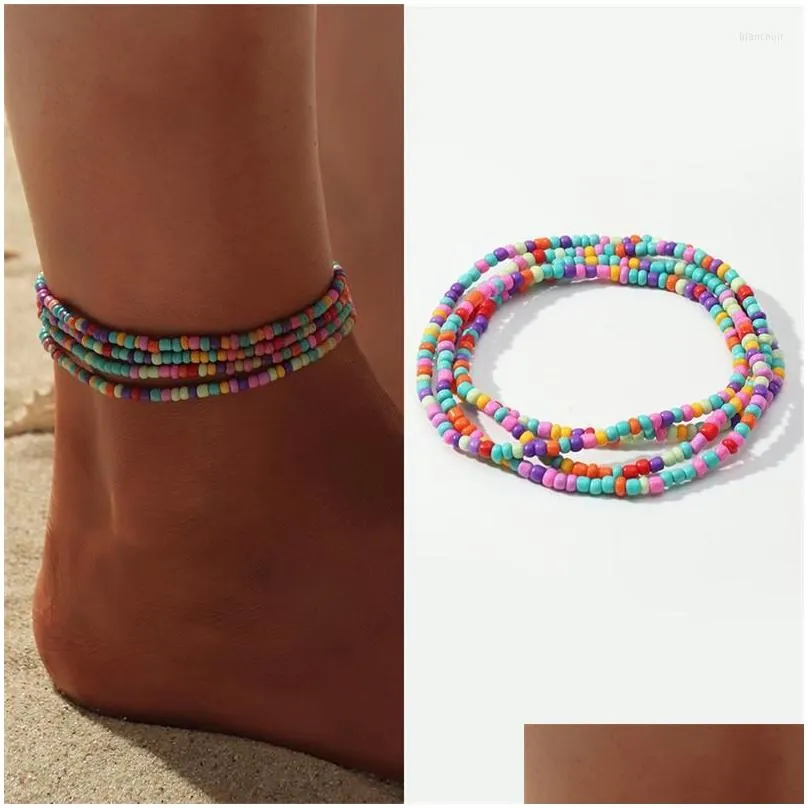 Anklets Fashion Multilayer Colourful Chain High Heel Shoe Simple Rice Beads Beaded Bracelet Beach Jewelry For Women Girl Anklet Gift