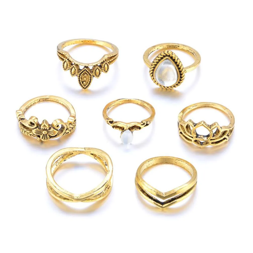 Band Rings 7Pcs Set Vintage Hollow Carved Flower Rhinestone Ring For Women Men Party Accessories Finger Rings Gold Sier Color Jewelry Dhspw