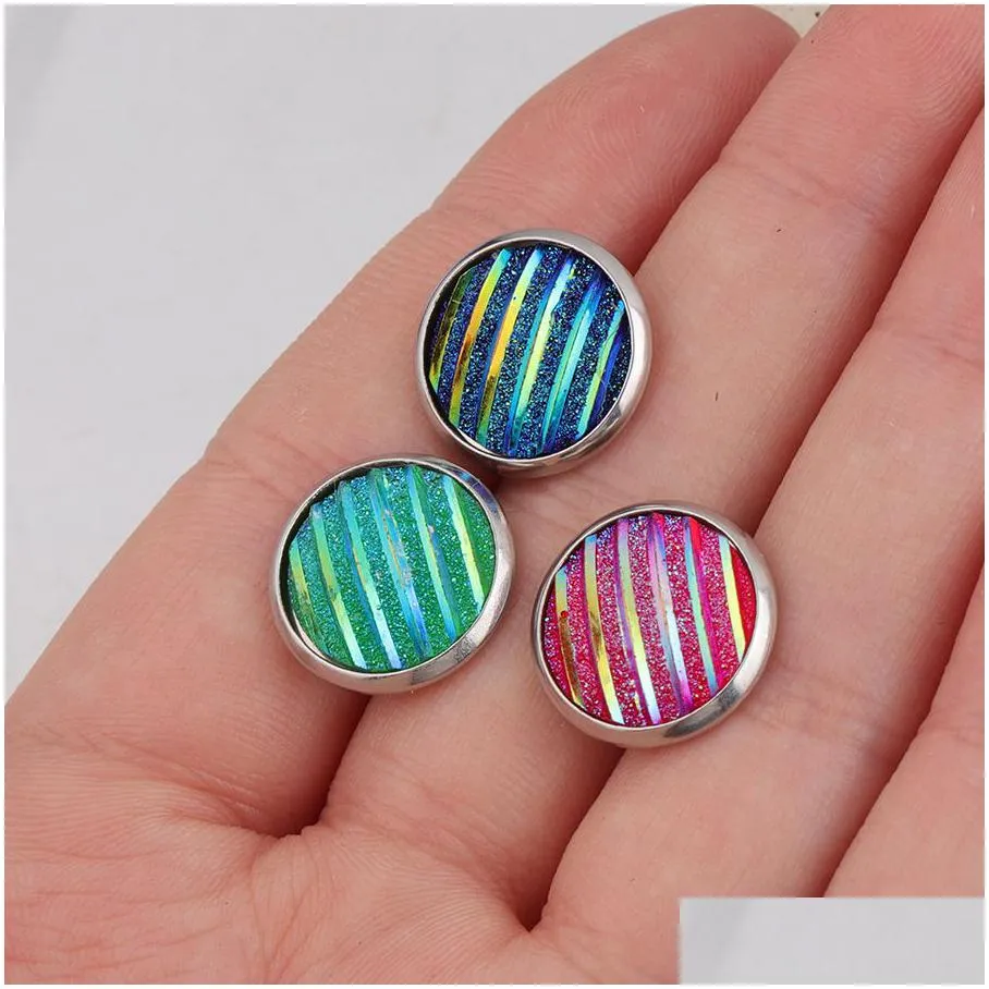 Stud 12Mm Striped Druzy Drusy Stainless Steel Stud Earrings Glittery Bright Gypsophila Resin Cabochon Earring For Women Jewelry Gift J Dhv4G